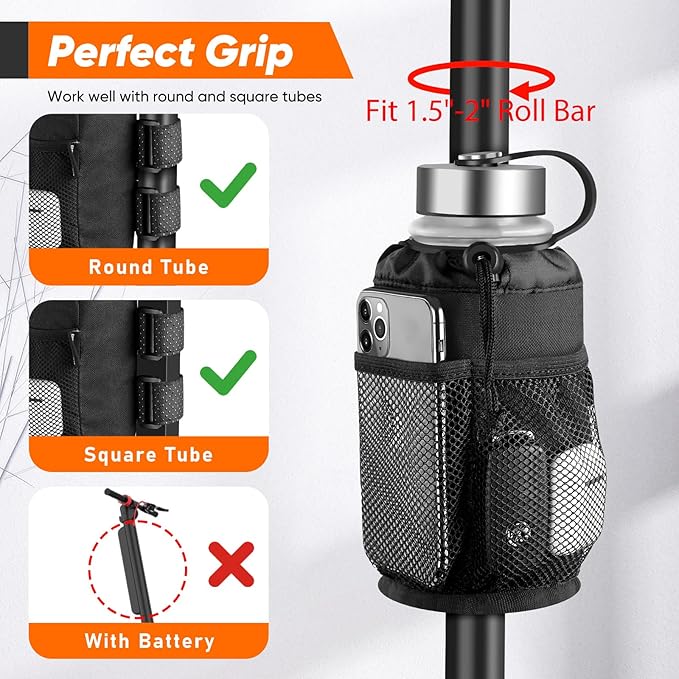 Belinous 2 Pack UTV Cup Holder for 8-32oz Bottles, Roll Bar Water Bottle Holder for UTV Wheelchair Walker Bike e-Bike Golf Cart Scooter and Boat, Drink Holder with Net Pockets and Hook and Loop Straps