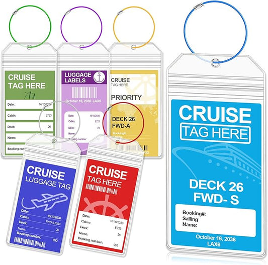 Cruise Luggage Tag Holder, 6 Pack Luggage Tags for Suitcases, Waterproof Clear PVC Perfect Fits All Cruise Lines, Reusable Travel Ship Essentials with Steel Loop