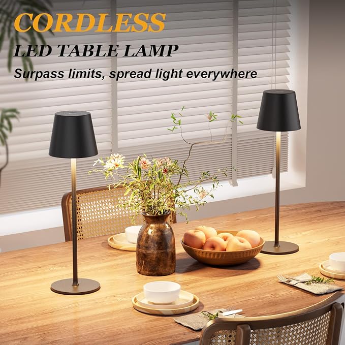 Kakanuo Cordless Table Lamp Rechargeable Black - KK 4 Pack Battery Operated Lamp for Dining Table, 3 Color Stepless Dimming Wireless Lamp for Counter, Outdoor Patio, Touch Control