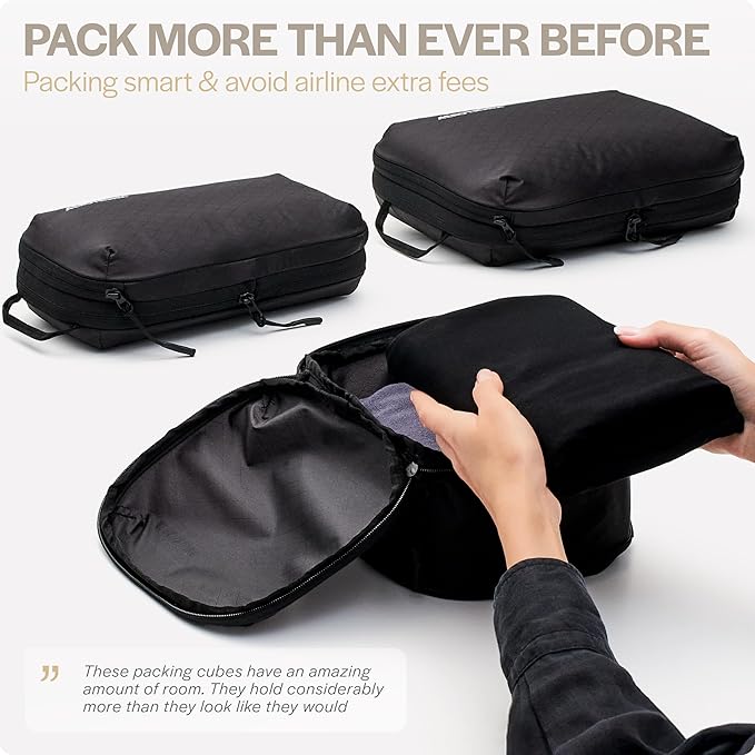 Aerotrunk Ultralight Compression Packing Cubes - Lightweight Travel Organizers for Suitcases and Luggage (6-Pack, Black)