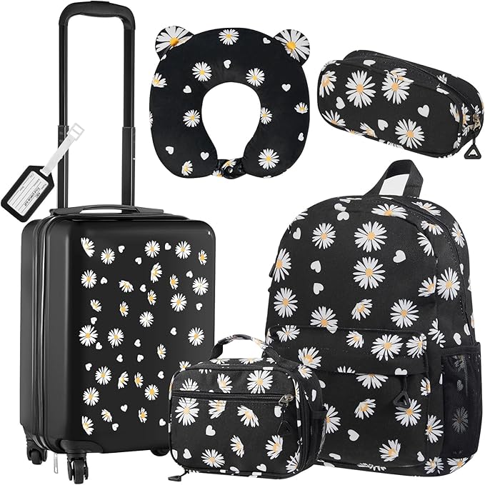 Redbaker 17 Inch 6 Pcs Kids Luggage Set Kids Rolling Luggage Double Pattern Suitcase for Boys Girls (Black, Daisy Style)