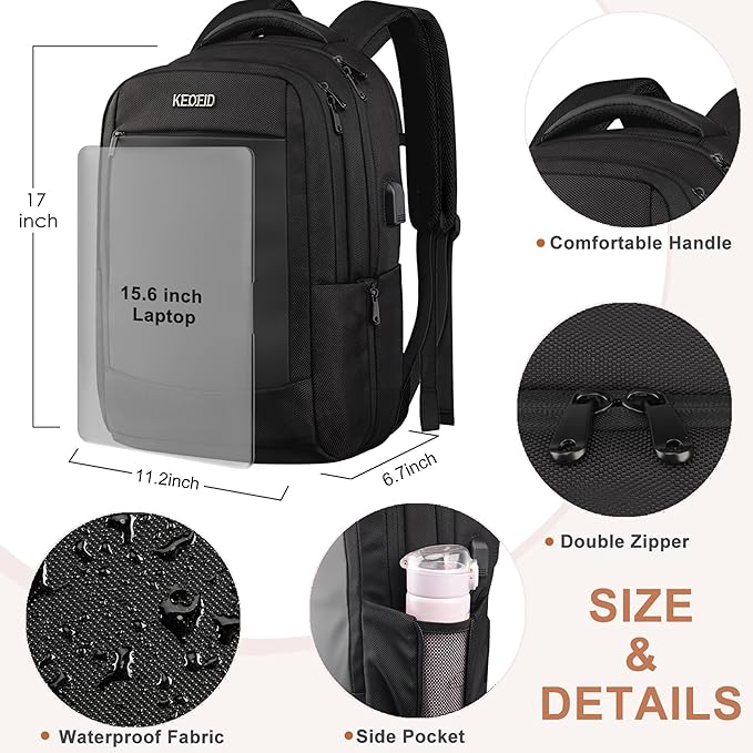 KEOFID Work Laptop Backpack for Men and Women, Mens Work Backpacks Fit 15.6 Inch Computer, Carry On Business Travel Back pack with USB Charging Port, Water Resistant(Black)