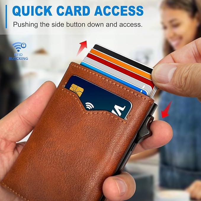 miyozi Wallet for Men,with Cash Pocket 2 ID Window 9-13 Cards,Metal Case Smart Slim Pop Up Credit Card Holder Flip with Magnetic Closure RFID Blocking Trifold wallet with Gift Box