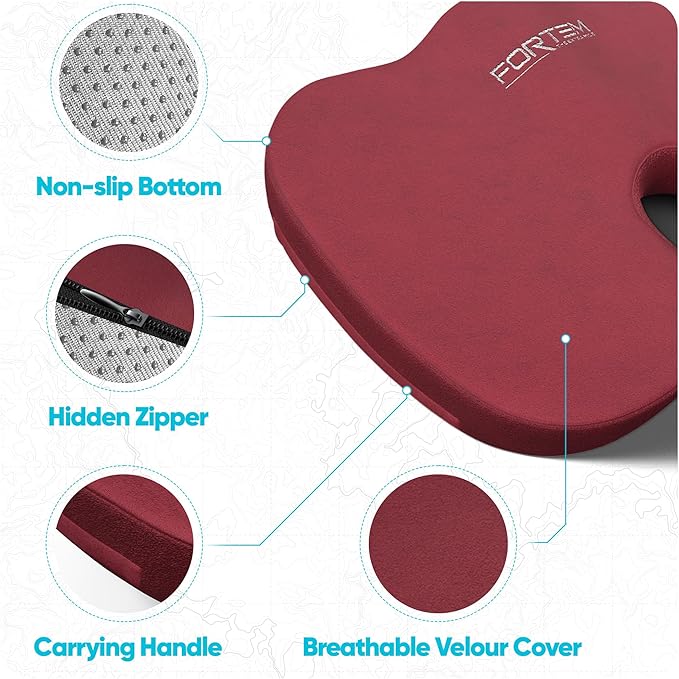 FORTEM Seat Cushion, Office Chair Cushion, Desk Chair Memory Foam, Sciatica Coccyx Tailbone Pain Relief, Pressure Relief, Sitting Pad, for Long Gaming & Sitting, Washable Cover, Non Slip