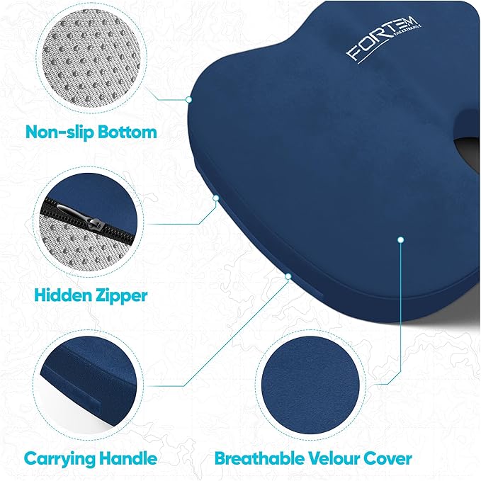 FORTEM Seat Cushion, Office Chair Cushion, Desk Chair Memory Foam, Sciatica Coccyx Tailbone Pain Relief, Pressure Relief, Sitting Pad, for Long Gaming & Sitting, Washable Cover, Non Slip, XL