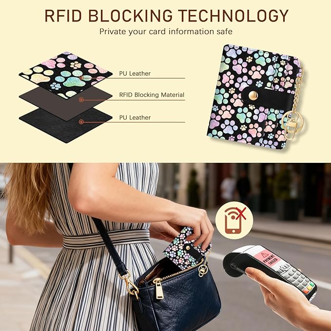 Jogjam Dog Paw Rfid Women Wallet, Small Slim Thin Credit Card Wallet, PU Leather Bifold Cash Zipper Coin Pocket ID Window for Female Ladies Teen Girls Girly