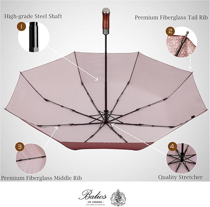 Balios (Designed in UK) Travel Umbrella Luxurious Golden Hardwood Handle Auto Open & Close Windproof Frame Single Canopy Automatic Folding Umbrella Men's & Ladies