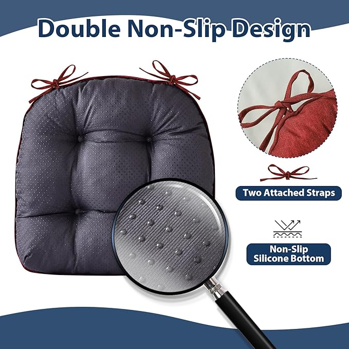 Chair Cushions for Dining Chairs, Seat Cushions for Kitchen Chairs, Indoor Seat Cushions with Ties, Tufted Foam Chair Pads, Non Slip Chair Cushions Set of 6, 15.5" x 15.5" x 4", Red