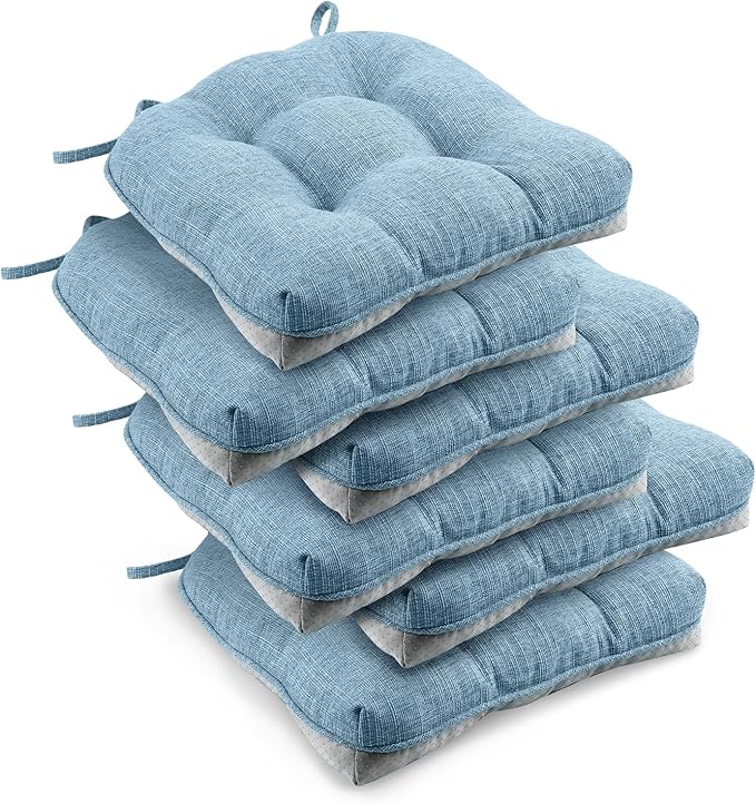 downluxe Indoor Chair Cushions for Dining Chairs, Tufted Overstuffed Textured Kitchen Chair Pads with Ties and Non-Slip Backing, 15.5" x 15.5" x 4", Light Blue, 6 Pack