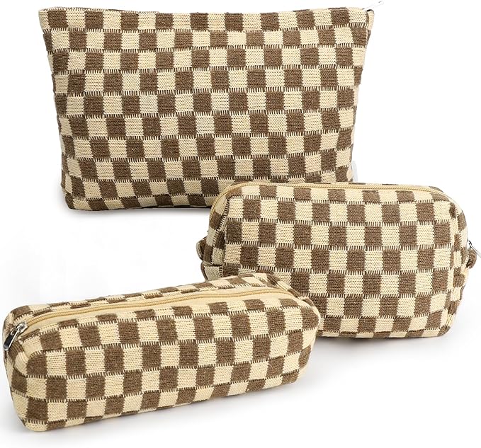 EIMMBD Makeup Bag 3 Pieces Large Capacity Checkered Cosmetic Bags Travel Toiletry Bag Organizer Cute Makeup Pouch Storage for Women(Brown)