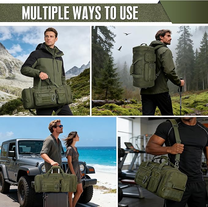 3 in 1 Tactical Travel Duffle Bag Backpack for Men Women 40-45L Expandable Gym Bag & Sport Duffel Bags for Travel with Shoe Compartment & Wet Pocket, Weekend Overnight bag for Caming, Green
