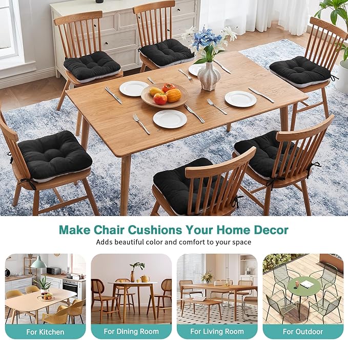 BETU Black Chair Cushions for Dining Chairs Set of 6,3.5" Thick Kitchen Table Chair Pads with Ties,Non Slip Backing and Covers,Seat Cushion for Dining Room,Bar,Patio Chairs,16"X16"X3.5",Black