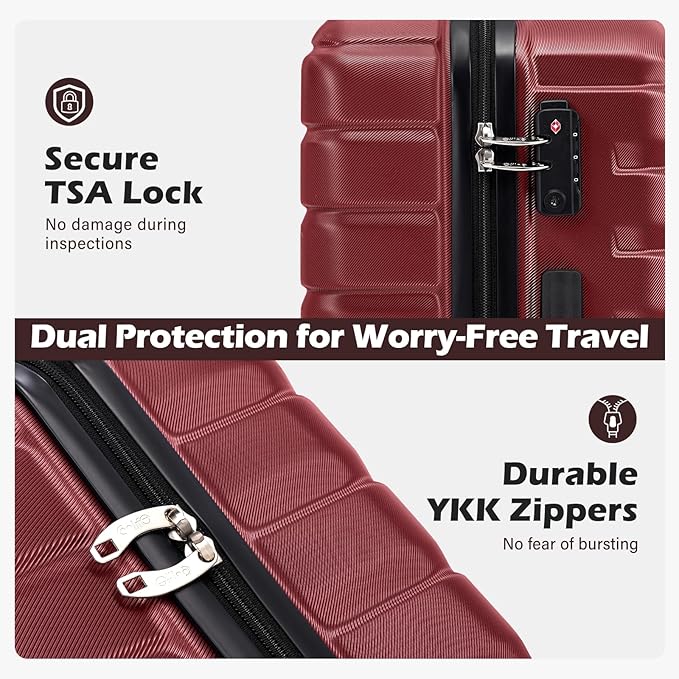 Coolife Luggage Sets, 3 Piece Hard Shell Suitcase Set with Spinner Wheels, Expandable Large Checked Luggage, Lightweight Rolling Carry On with TSA Lock Wine Red