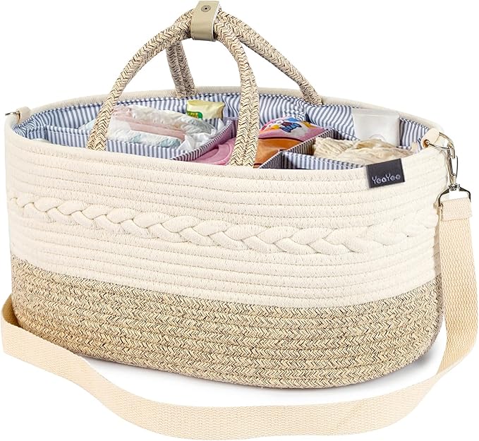 Baby Diaper Caddy Organizer, X-Large, 5 Grids, 8 Pockets, Shoulder Strap Portable Nursery Storage Basket with 2 Changeable Compartments, 100% Cotton Woven Rope Bins, Newborn Gift
