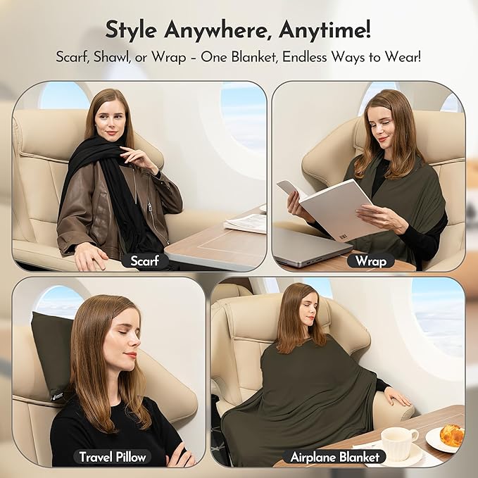 16-in-1 Compact Travel Blanket with Bag – Reversible, Ultra Soft Bamboo Airplane Blanket with Hidden Pocket – Packable for Flights & Travel Essentials (Semi-Weighted, Double Layer)