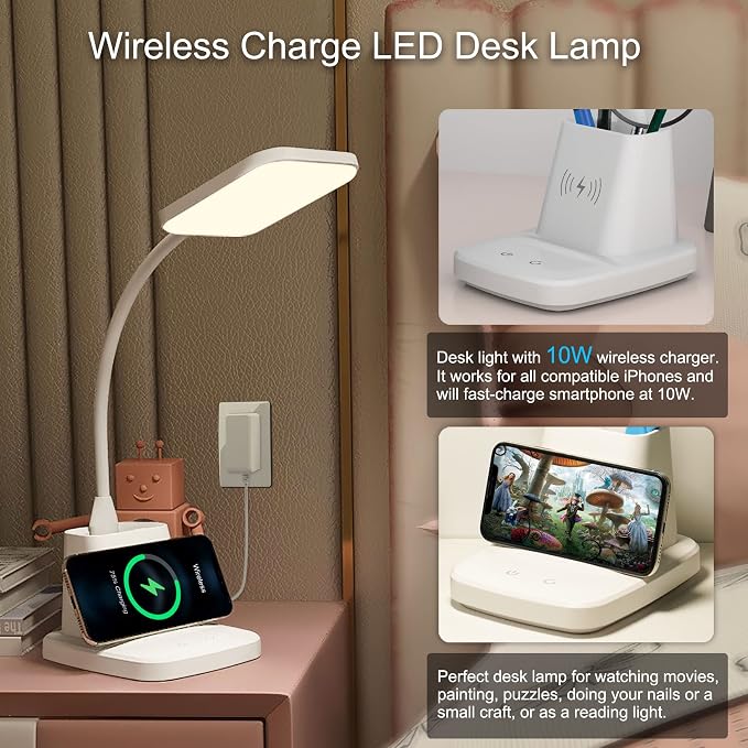 Upgraded 10W Wireless Charging LED Desk Lamp with Pen Holder, White | CRI 95, 800LM, Stepless Dimming, 3 Modes, 360°Flexible Arm, Touch, Study Table Lamp for Home Office, Dorm Room, with Adapter
