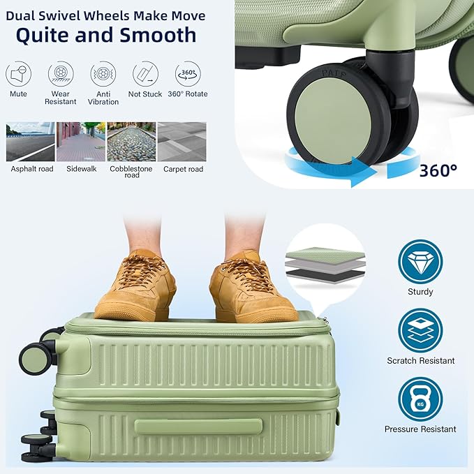 20 Inch Carry on Luggage 22x14x9 Airline Approved Hard Shell Suitcases with Wheels, Top Opening Expandable Carry on Luggage with Cup Holder Small Rolling Suitcase with Lock, Bamboo Green