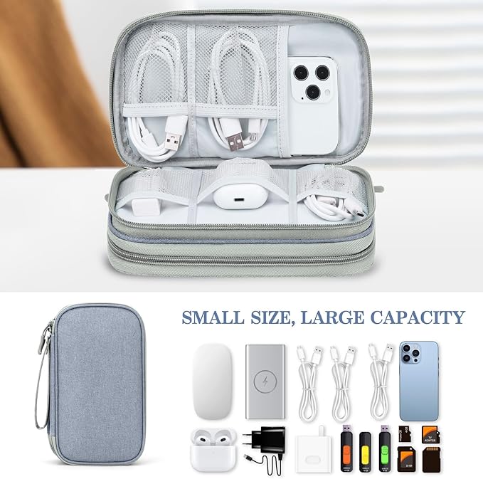 FYY Electronic Organizer, Travel Cable Organizer Bag Pouch Electronic Accessories Carry Case Portable Waterproof Double Layers Storage Bag for Cable, Charger, Phone, Earphone, Medium Size, Light Grey