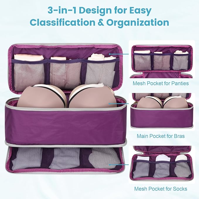 Cambond Compression Packing Cubes - 4 Set See Through Mesh Packing Cubes for Travel, Expandable Travel Essentials Packing Organizers for Carry on Suitcases with 3-in-1 Underwear Bag, Purple