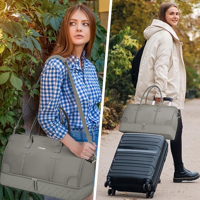 ETRONIK Weekender Overnight Bags for Women, Large Travel Duffle Bags with Shoe Compartment & Wet Pocket, Carry On Gym Bag with Toiletry Bags for Hospital 3 Pcs Set, Large Size, Grey Green