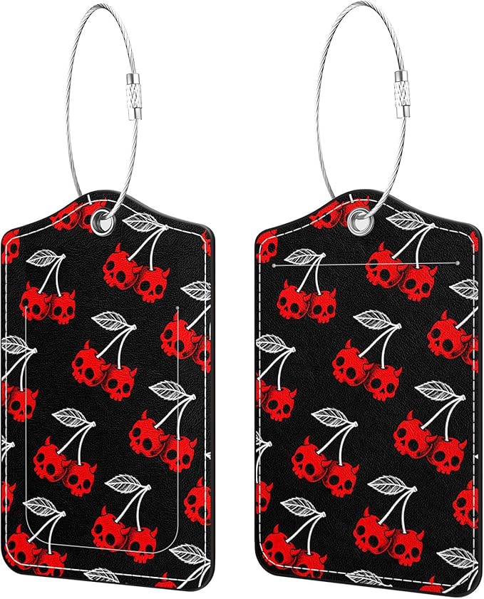 2 Pack PU Leather Luggage Tags for Suitcases, Privacy Protection Cover with Stainless Steel Loop and Address Card, Travel Cruise Essentials (Red Skull)