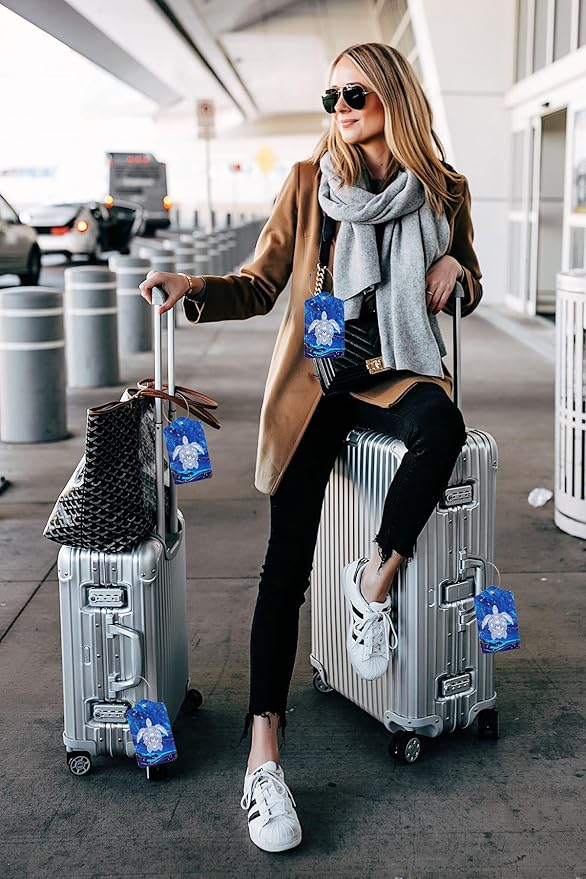 2 Pack Luggage Tag Blue sea Turtle Travel PU Cute Leather Luggage Tag Name ID Labels with Privacy Cover Suitcases Women Men Girls Boys Fun Laggage Tags (Blue sea Turtle)