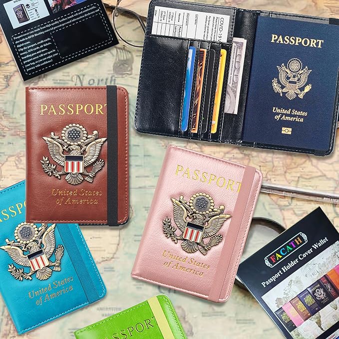 Passport Holder for Travel Passport Cover for Men Passport Wallet Case with Metal Badge Protector Leather Card Case RFID Blocking Women Travel Accessories Document Organizer (Rose Gold)