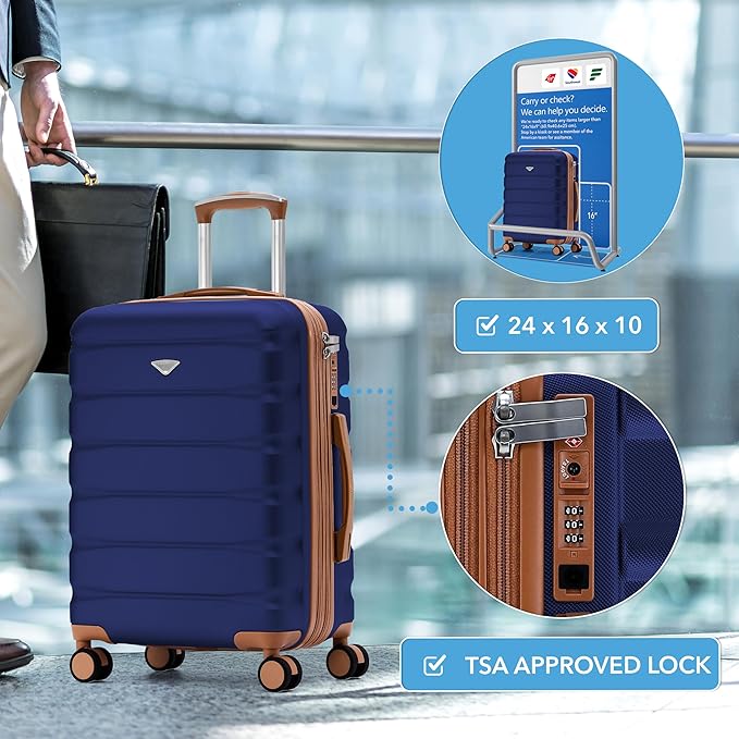 Flight Knight 24x16x10 Expandable Carry On Suitcase Hardside TSA Lock USB C Lightweight Luggage Silent Double Spinner Wheels Maximum Overhead Carry-On Bag For Virgin South West Approved Navy/Tan