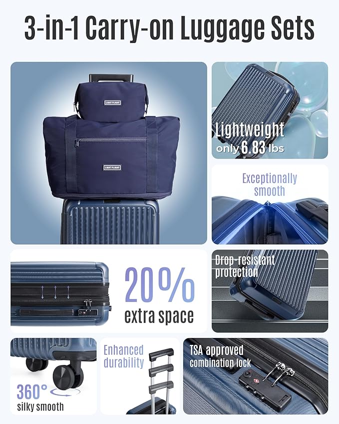 LIGHT FLIGHT 3-Piece Luggage Sets, Expandable Carry On Luggage 22x14x9 Airline Approved, Hardside Carry On Suitcases with Wheels, TSA Lock Travel Luggage Sets, Royal Blue