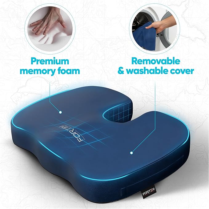 FORTEM Seat Cushion, Office Chair Cushion, Desk Chair Memory Foam, Sciatica Coccyx Tailbone Pain Relief, Pressure Relief, Sitting Pad, for Long Gaming & Sitting, Washable Cover, Non Slip, XL