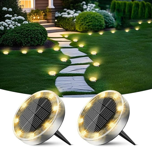 Solar Ground Lights Outdoor, 2 Pack Flat Solar Powered Disc Lights, IP68 Waterproof, Anti-Rust, Landscape Lighting for Pathway Garden Yard Lawn Walkway Landscape Driveway, Mini, Warm White