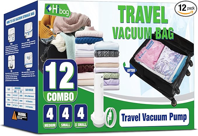 Travel Vacuum Bags with Electric Pump, Vacuum Travel Bags for Luggage and Suitcase, Combo 12 Pack
