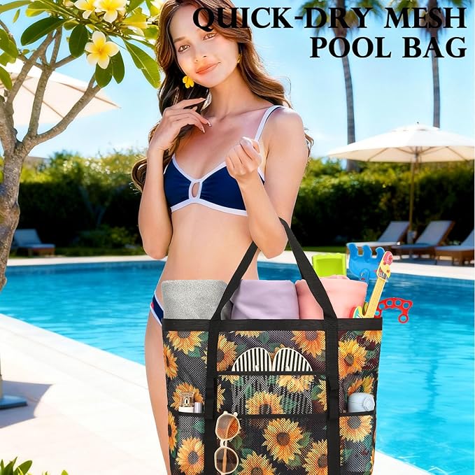 Fammart Mesh Beach Bag, Large Beach Tote with Zipper Pocket, Toys Pool Bag for Family Travel Vacation Cruise Essentials