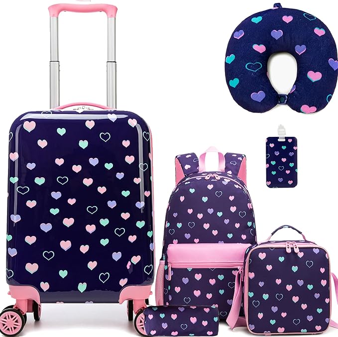 Kid's Luggage Set 5 Piece Suitcase Set 16" Hardside Luggage with Spinner Wheels Girls Carry on Toddler Travel Rolling Suitcase with Neck Pillow Airline Approved