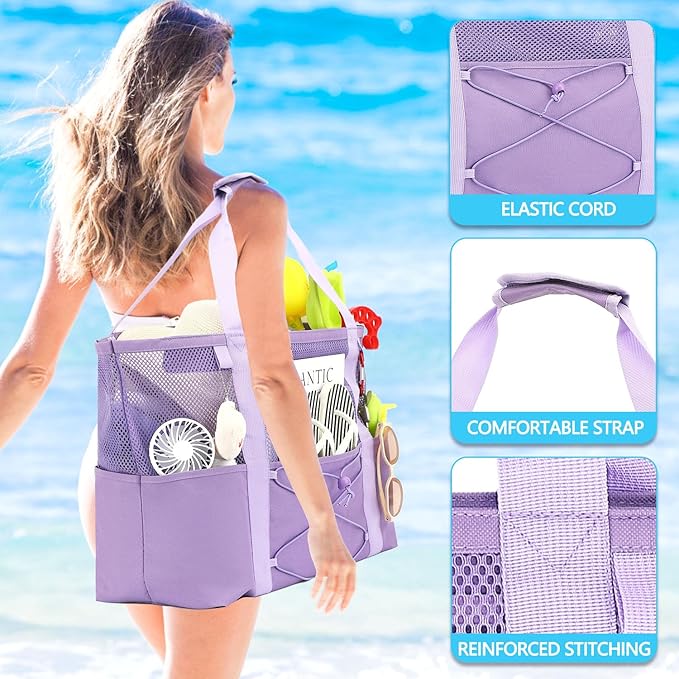 Fammart Mesh Beach Bag, Large Beach Tote with Zipper Pocket, Toys Pool Bag for Family Travel Vacation Cruise Essentials
