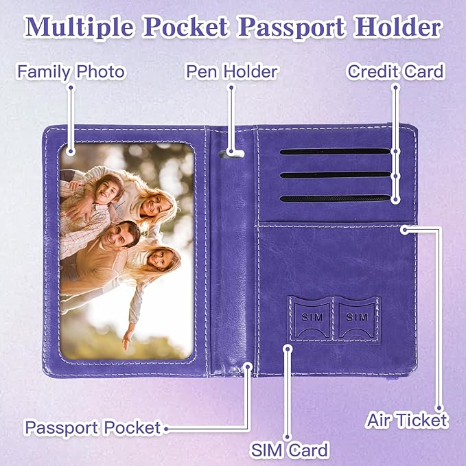 Passport Holder for Travel, RFID Blocking Passport Cover with Pen Holder Leather Passport Wallet Case Travel Must Haves Accessories Passport Book Card Holder for Family Travel Essentials, Dark Purple