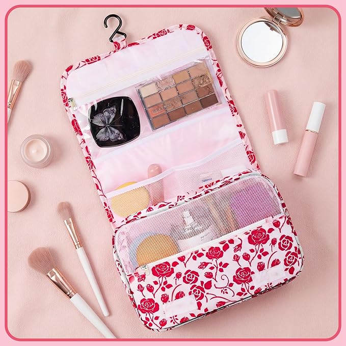 Pengxiaomei Hanging Toiletry Bag, Red Roses Waterproof Cosmetic Bag Portable Makeup Pouch Travel Wash Bag with Handle for Kids Teen Girls Spring Party Mothers Day Gifts