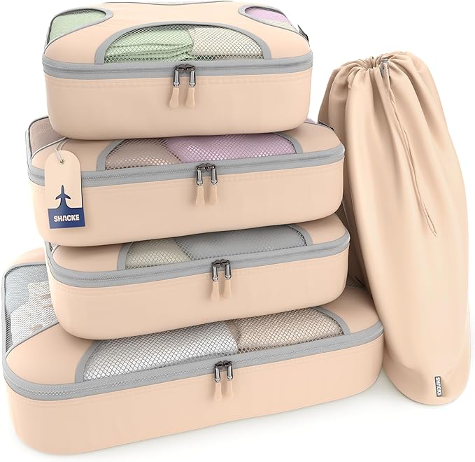 Shacke Packing Cubes for Travel 5 Set - Compression Luggage Organizer Bags - Versatile Travel Organizer for Women and Men - Optimized Packing Bags - Travel Essentials (Nude Beige)