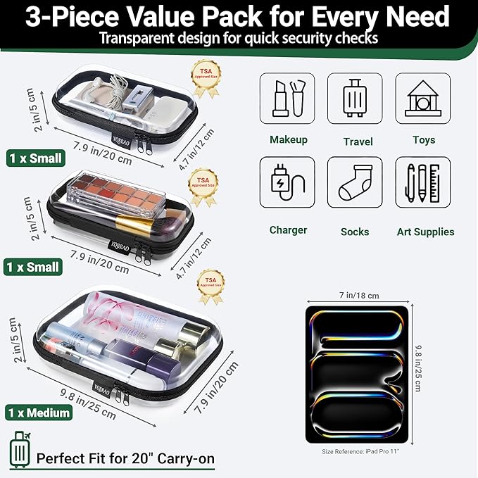 YQBRAO Clear Hard Shell Zipper Case 3 Pack, Hard Plastic Bag, Clear Travel Toiletry Pouch,Portable Cosmetic Bag with Zipper,Toy Storage Bins, Pencil Storage Organizer, Office Supplies Storage Case