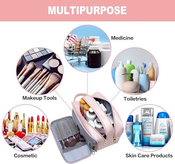 BAIMAY Large Toiletry Bag for Women, Pink Travel Makeup Organizer, Water-Resistant Cosmetic Dopp Kit with Compartments, Ideal Gift for Girls & College Dorm Essentials