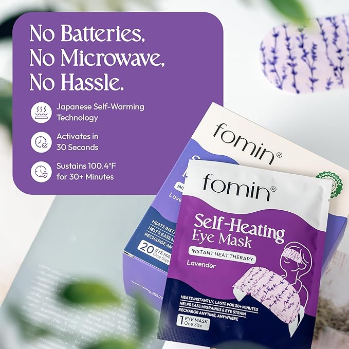 Fomin Self Heating Eye Mask - 20 Pack - Lavender Heated Eye Mask Warm Compress for Eyes, Disposable Self Heating Steam Mask for Home, Sleep, Spa, Travel Essentials & Relaxation Gifts for Women