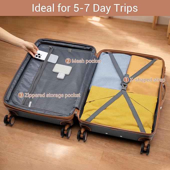 Kono 28 Inch Large Suitcase, Expandable for Long Trips, Impact-Resistant ABS+PC & Silent Wheels, Black, Lightweight Hardshell Luggage, Smooth Rolling Spinner Suitcase for Travel，Black/Brown