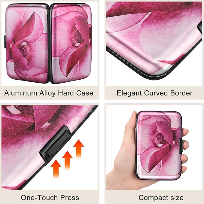 ELFISH Mini RFID Aluminum Wallet Credit Cards Holder Business Card Case Metal ID Case for Men Women(Pink Magnolia)