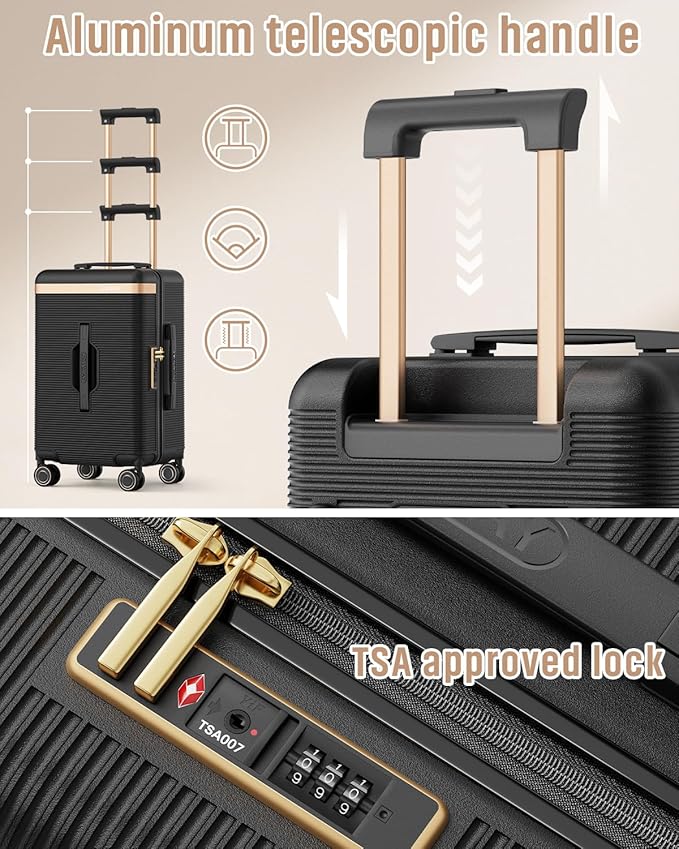 Joyway 22 Inch Carry on Luggage with Cup Holder, Hard Shell Suitcases with Shock Absorbing Spinner Wheels and Pressure-resistant Frame, Lightweight Carry-on Luggage with TSA Lock, Black