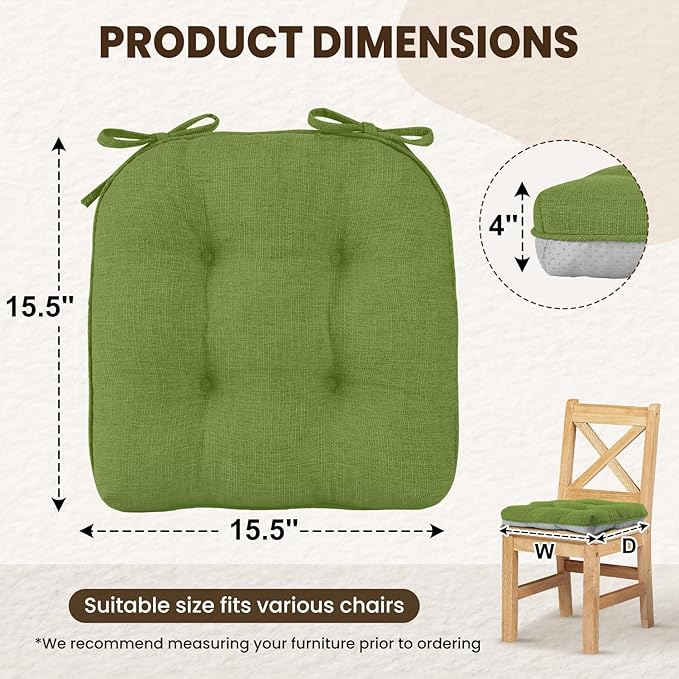 downluxe Indoor Chair Cushions for Dining Chairs, Tufted Overstuffed Textured Kitchen Chair Pads with Ties and Non-Slip Backing, 15.5" x 15.5" x 4", Grass Green, 4 Pack