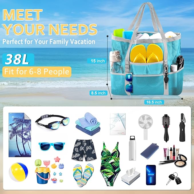 SRISE Mesh Beach Bag - Large Beach Tote Bag for Family Beach Bag for Toys & Vacation Essentials