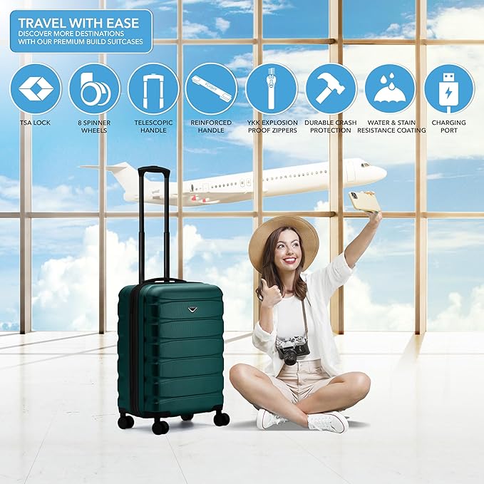 Flight Knight 24x16x10 Expandable Carry On Suitcase Hardside TSA Lock USB C Lightweight Luggage Silent Double Spinner Wheels Maximum Overhead Carry-On Bag Virgin South West Approved Forest Green