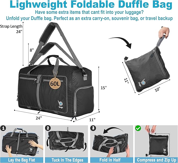 Bago Medium Duffle Bag for Travel Women & Men. Durable Lightweight Foldable Travel Duffel Bags For Traveling Women. 60L Duffle Bags For Overnight Bag With Shoe Compartment Collapsible Weekender duffel
