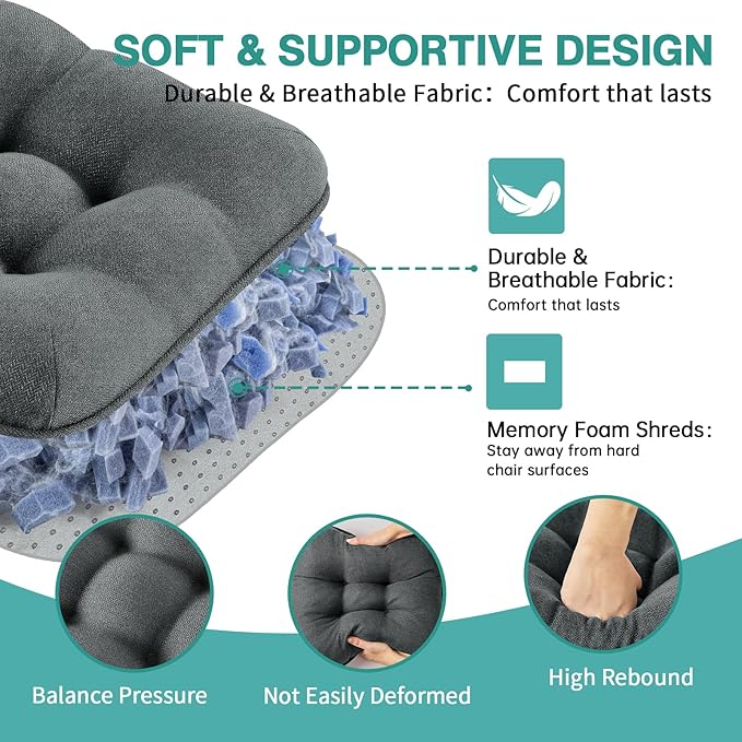 BETU Chair Cushions for Dining Chairs Set of 6,3.5" Thick Kitchen Table Chair Pads with Ties,Non Slip Backing and Covers, Seat Cushion for Dining Room,Bar,Patio Chairs,16"X16"X3.5",Dark Grey