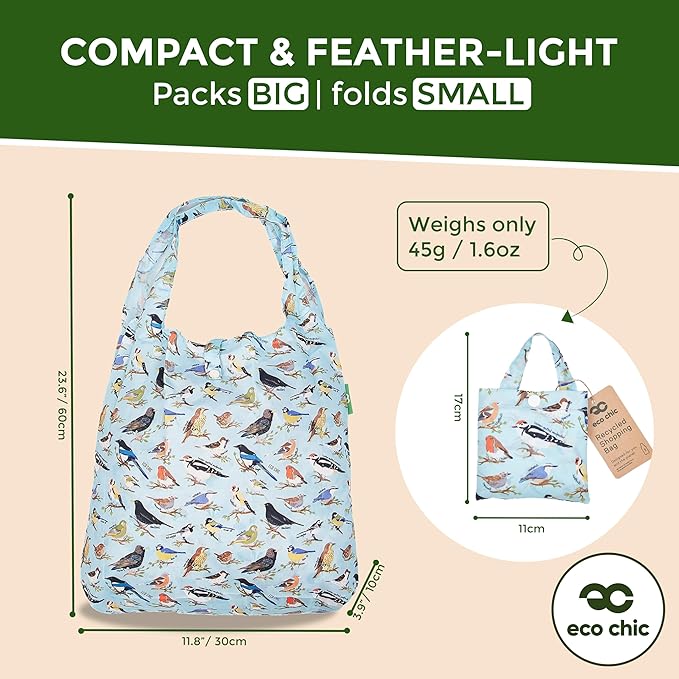 ECO CHIC Foldable Reusable Grocery Bags - Lightweight, Recycled & Reusable Shopping Bag - Waterproof Packable Tote